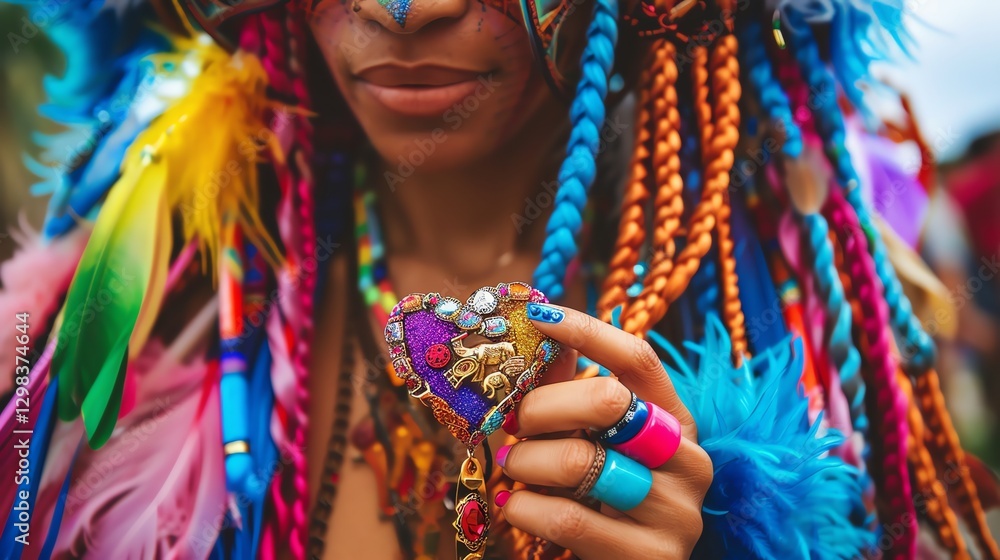 Fototapeta premium Close-up of a woman wearing colorful braids and feathers, holding a jeweled heart.