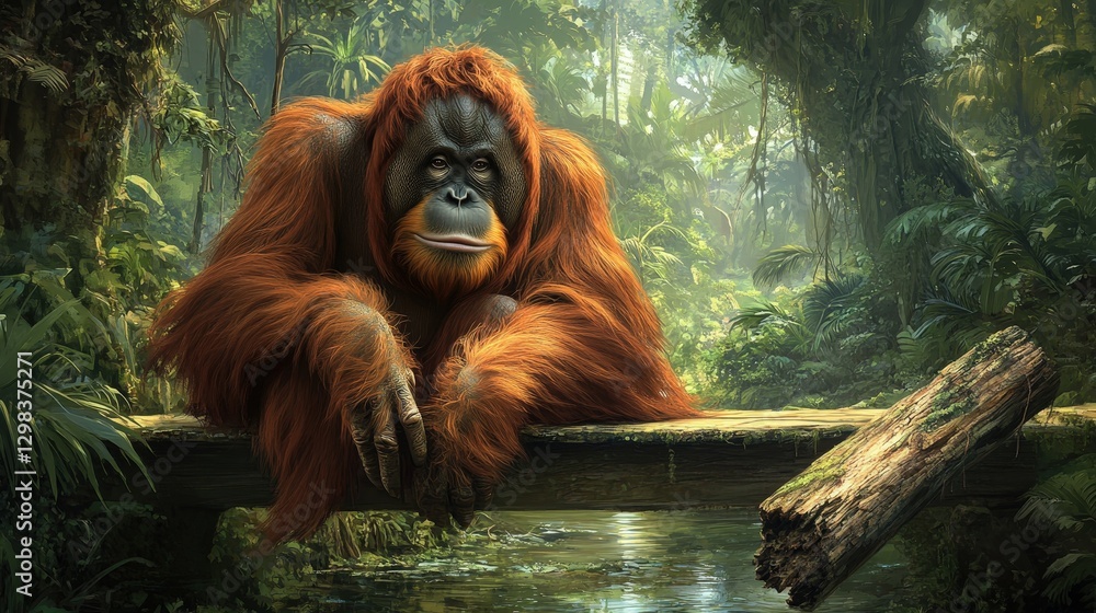 Obraz premium An orangutan perches on a wooden platform amidst a verdant forest. Its expressive eyes and long, dark fur stand out, creating a striking contrast in this serene natural setting