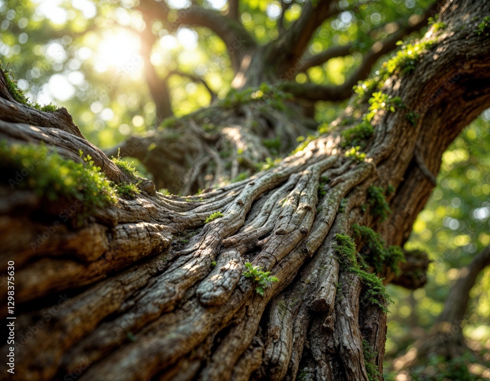 the sun shines through the branches of an old tree. Ancient Tree Trunk the sun shines through the branches of an old tree. Ancient Tree Trunk