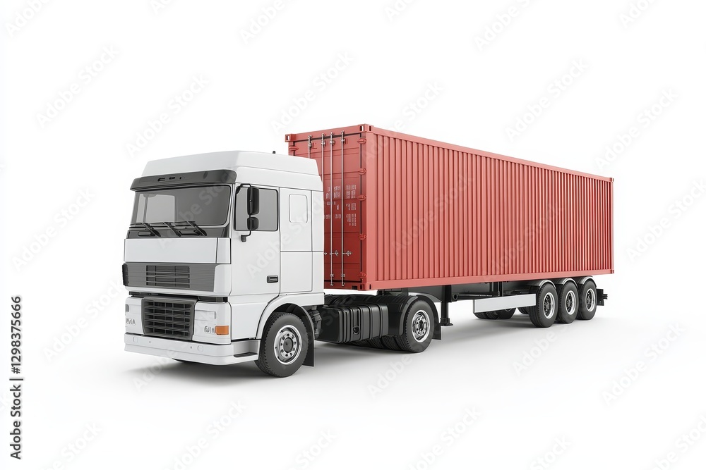 Cargo Truck and Container on White Background - A white semi-truck hauling a large red shipping container on a white background. Ideal for logistics, transportation, and shipping themes Cargo Truck and Container on White Background - A white semi-truck hauling a large red shipping container on a white background. Ideal for logistics, transportation, and shipping themes