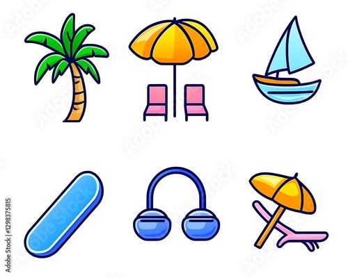 Beach vacation elements set. Palm tree, umbrella, boat, accessories in a clean, cartoon style, used for travel