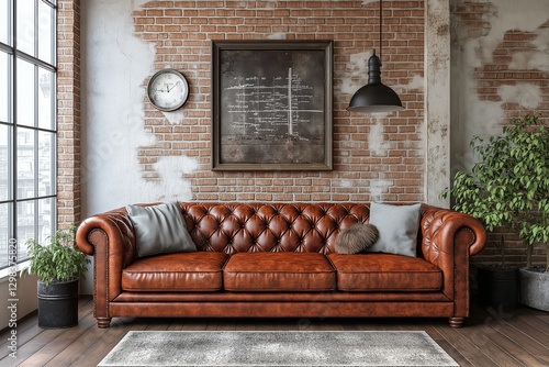 Rustic leather sofa in a modern loft interior with exposed brick walls and vintage decor elements. photo