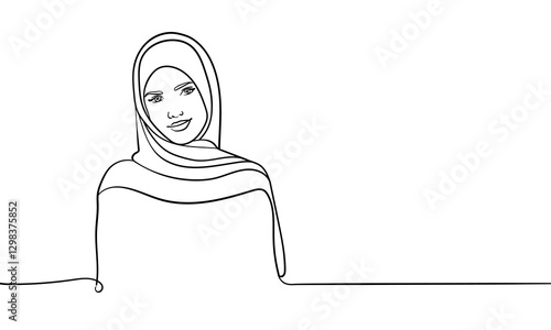 Young muslim woman in burqa, continuous line art drawin. Oriental girl in traditional clothes. Vector illustration isolated on white background 