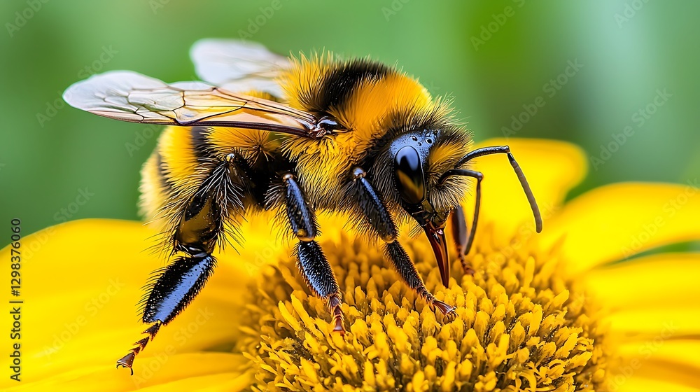 Bee pollinating yellow flower, garden, blurred background, nature Bee pollinating yellow flower, garden, blurred background, nature