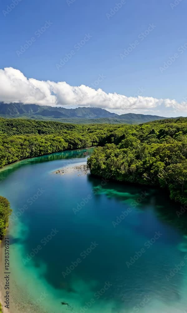 A beautiful blue river with trees on both sides A beautiful blue river with trees on both sides