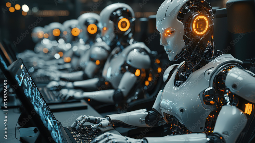 Humanoid AI robots and programmers collaborate in a high-tech co-working space for software development Humanoid AI robots and programmers collaborate in a high-tech co-working space for software development