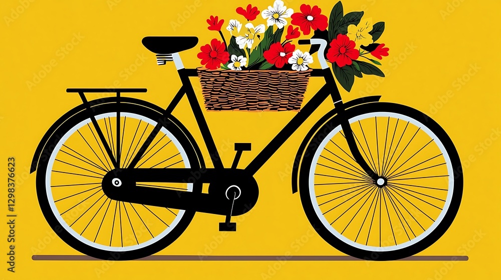 Fototapeta premium Black bicycle with flowers in basket, rides on yellow background, used for design