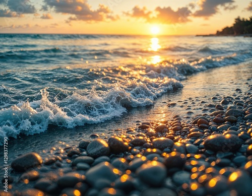 sunset on the beach with rocks and water. Sunset Beach Rocks