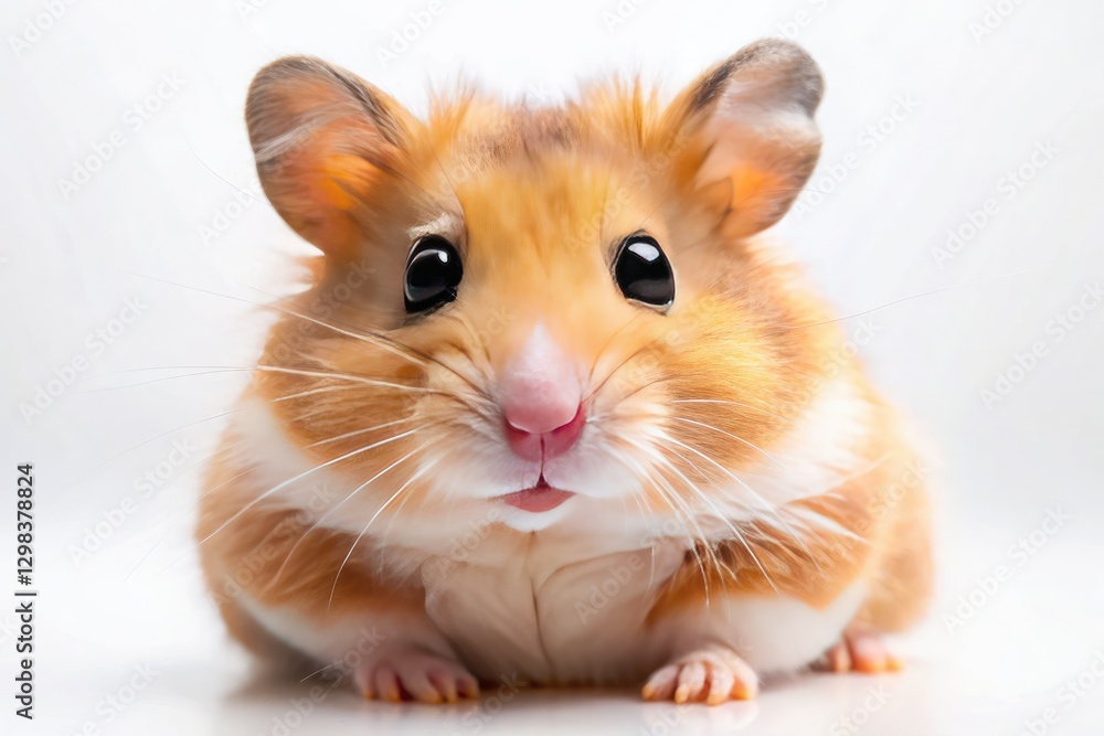 Close-up of a fluffy Syrian hamster with funny, expressive eyes, a delightful portrait against a white background. Close-up of a fluffy Syrian hamster with funny, expressive eyes, a delightful portrait against a white background.