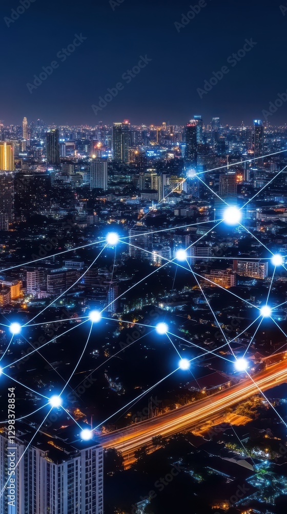 A digital network connecting smartcity buildings at night, showcasing a connected city, utilizing advanced technology A digital network connecting smartcity buildings at night, showcasing a connected city, utilizing advanced technology