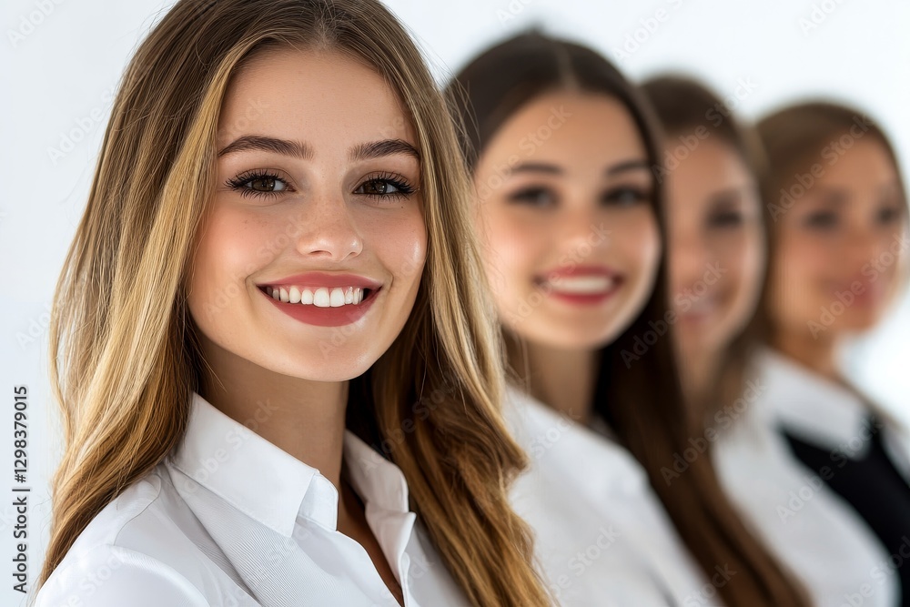 Confident Women Business Team - Four smiling businesswomen stand shoulder to shoulder, projecting confidence and success Confident Women Business Team - Four smiling businesswomen stand shoulder to shoulder, projecting confidence and success