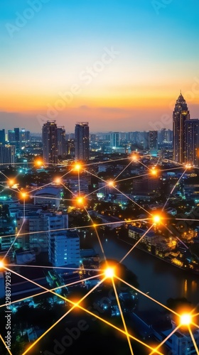 Wallpaper Mural A modern cityscape at night with glowing lines connecting buildings, representing a smart city, The connected city skyline showcases advanced technology, digital communication Torontodigital.ca