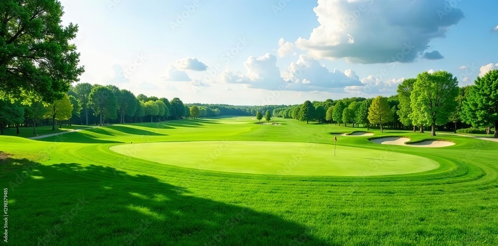 Panoramic golf course, lush green fairways, distant trees, drone, outdoor, summer Panoramic golf course, lush green fairways, distant trees, drone, outdoor, summer