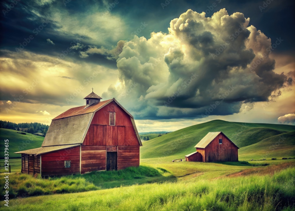 Fototapeta premium Cloudy skies loom over a picturesque hillside dotted with vintage red barns.