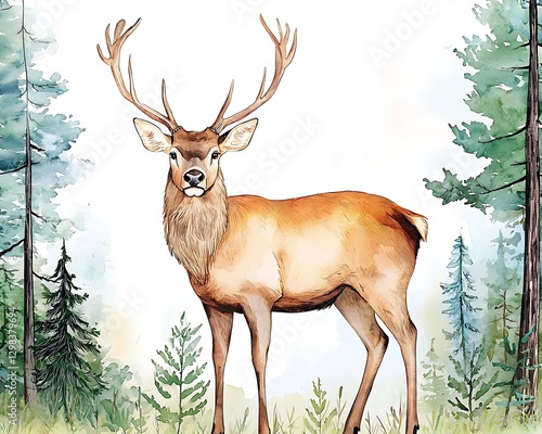 Deer standing in a forest. Green trees in background. Useful for nature themes or art photo