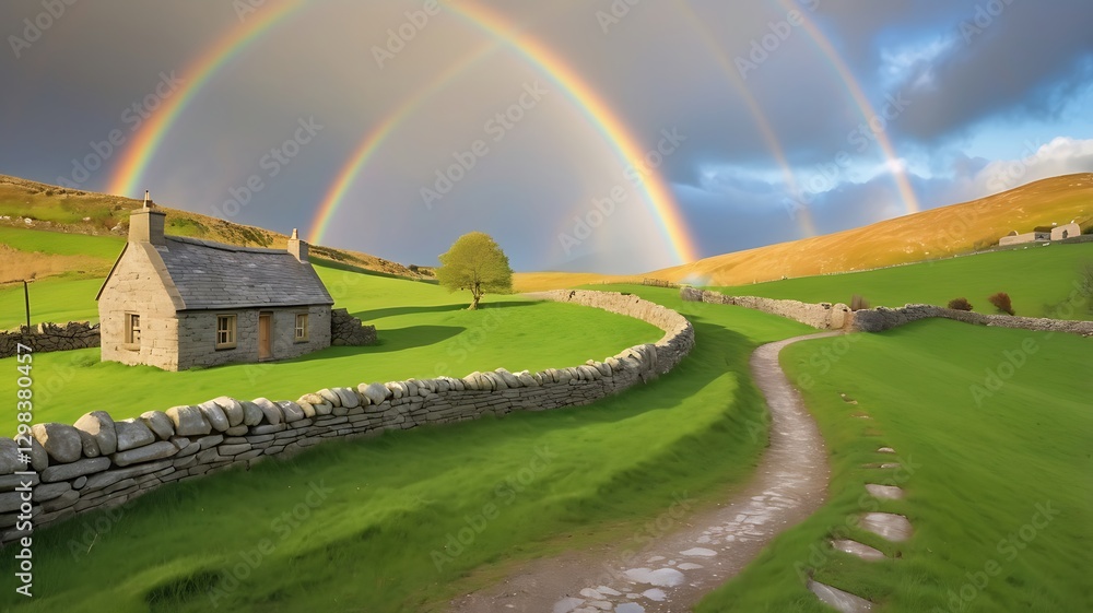 Naklejka premium Enchanting scottish landscape with stone cottage and double rainbow spectacle