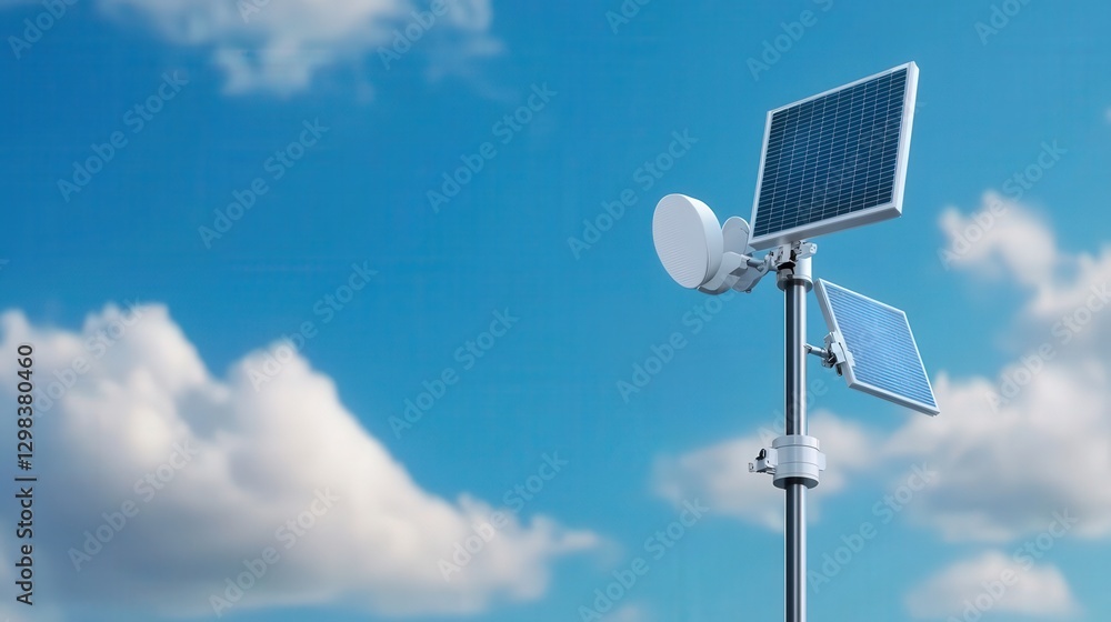 Science meteorology data concept. Solar panels on a pole against a blue sky with clouds. Science meteorology data concept. Solar panels on a pole against a blue sky with clouds.