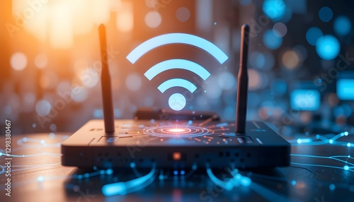 Futuristic Wireless Network Connection with Glowing Blue Wi-Fi Symbol