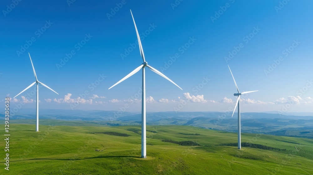 Wind turbines stand tall against a clear blue sky, surrounded by lush green fields, symbolizing renewable energy and sustainability. Wind turbines stand tall against a clear blue sky, surrounded by lush green fields, symbolizing renewable energy and sustainability.