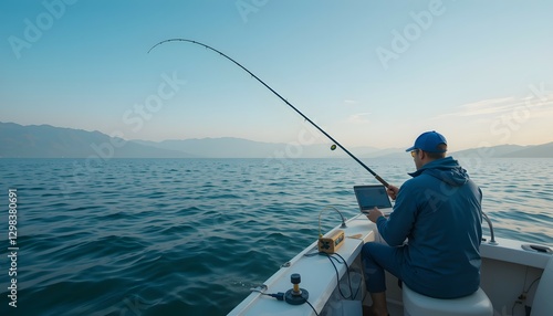 man use tablet when fishing on the boat