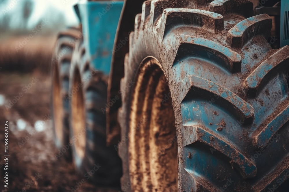 Close-up view of a muddy tractor tire in a field during the early morning light Close-up view of a muddy tractor tire in a field during the early morning light
