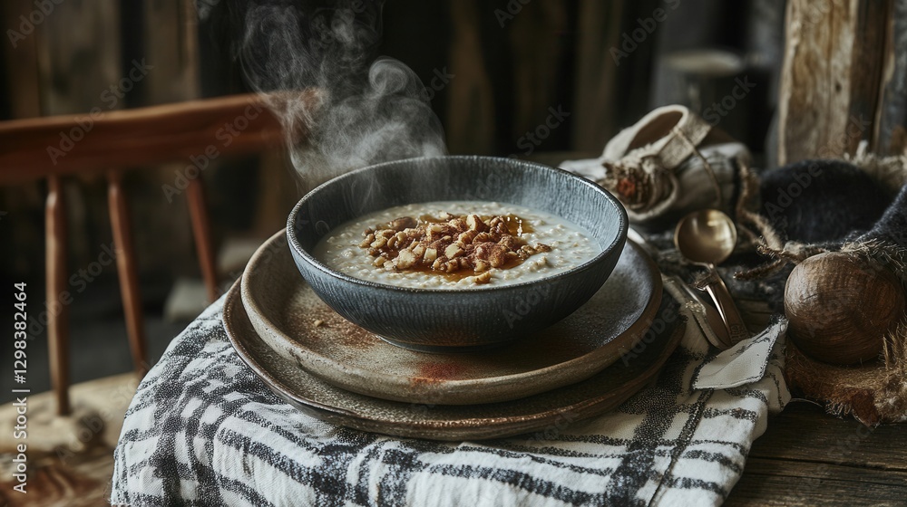Warm Rustic Oatmeal Bowl with Steam and Nuts on a Table Setting Warm Rustic Oatmeal Bowl with Steam and Nuts on a Table Setting