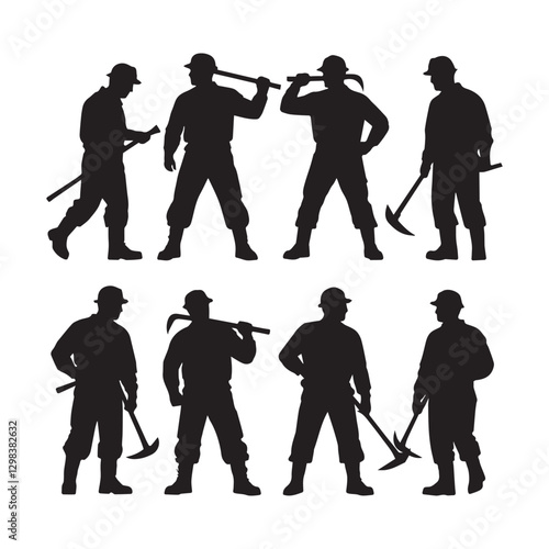 Set of silhouettes of male miners with pick axes on white background