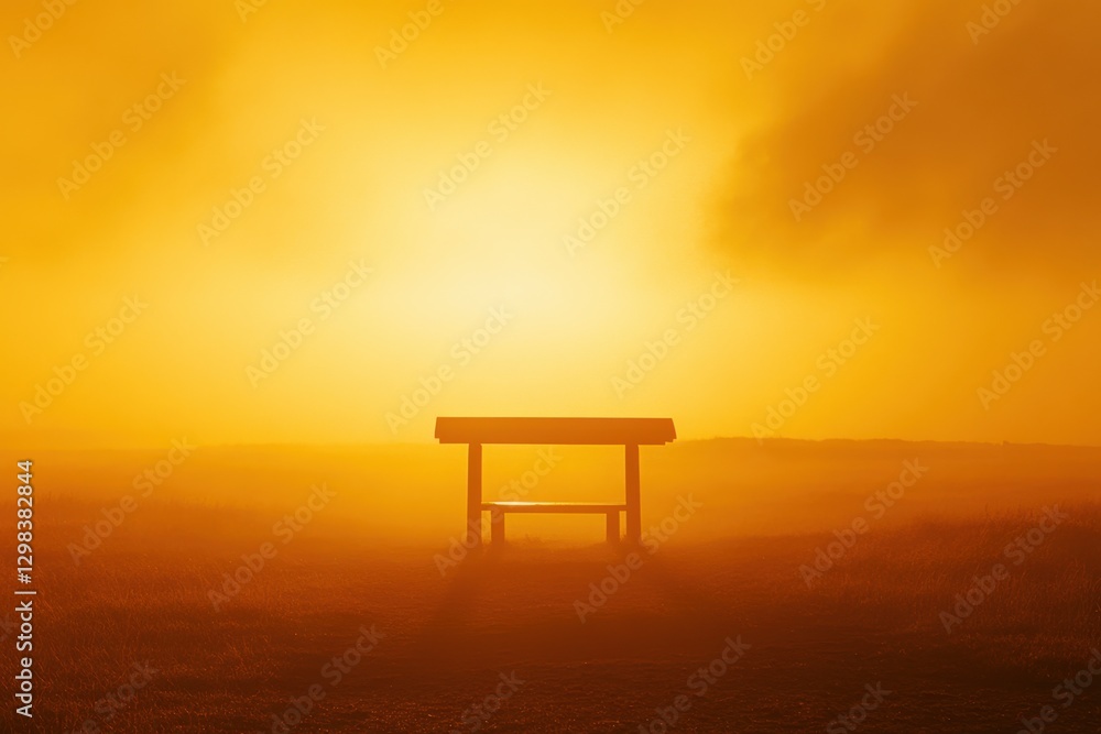 Serene Bench Silhouette in a Golden Misty Landscape at Sunrise Serene Bench Silhouette in a Golden Misty Landscape at Sunrise