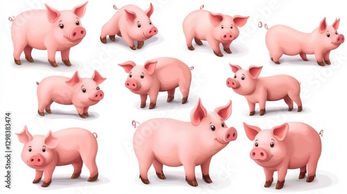Cartoon Style Cute Pink Pigs Collection for Fun Illustrations