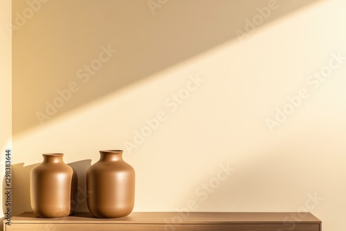 Warm sunlight casts gentle shadows on minimalist decor, highligh photo