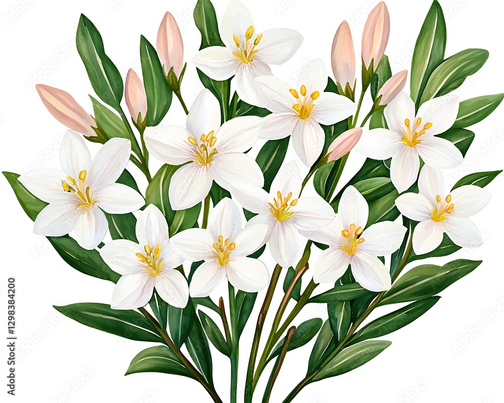 Obraz premium Bouquet of white flowers blooming with foliage, isolated; for spring card, print, or design element