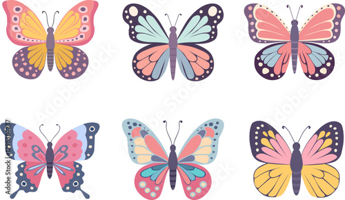 Collection of fancy exotic butterflies isolated on white background. Beautiful flying insects. Vector illustration in cartoon flat style.
