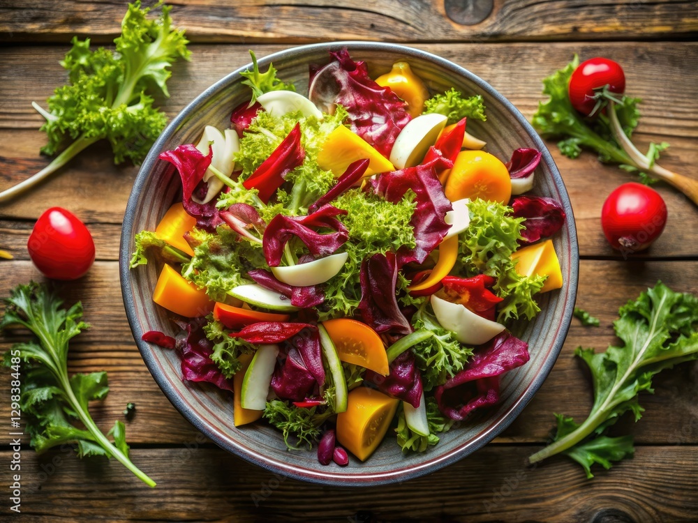 Drone captures a stunning aerial shot of a red pepper and chicory salad. Drone captures a stunning aerial shot of a red pepper and chicory salad.
