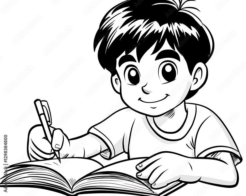 Boy writes in book at desk, plain background, for education or illustrations Boy writes in book at desk, plain background, for education or illustrations