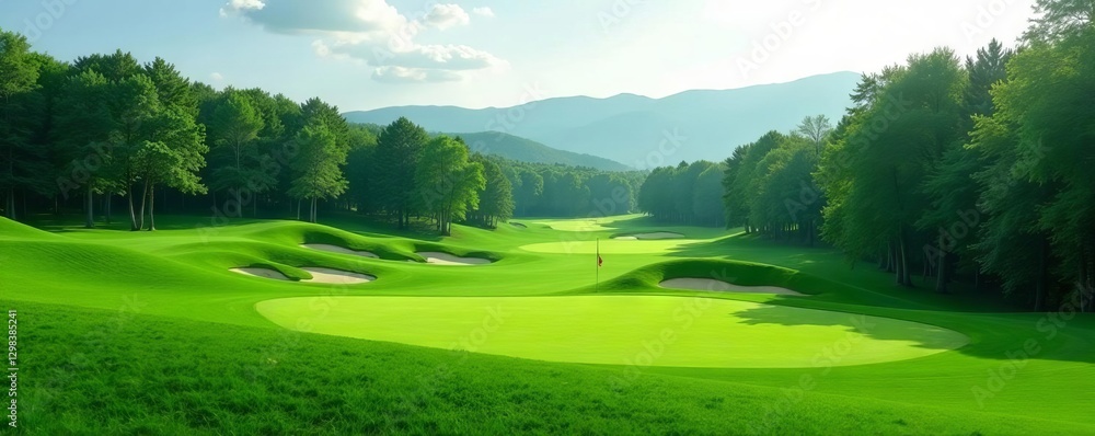 Fototapeta premium Rolling hills, emerald golf course with dense forest, park, lush
