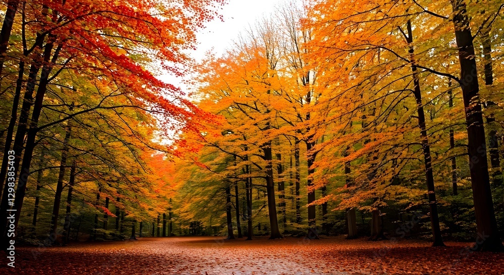 Fototapeta premium A vibrant autumn forest with trees in shades of red, orange, and yellow.jpg