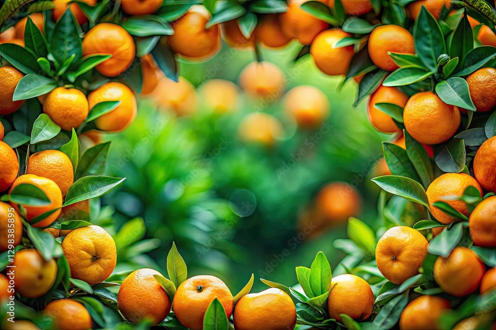 Flatlay stock photo: Tilt-shift effect showcases a circular arrangement of bright orange and green leaves. Flatlay stock photo: Tilt-shift effect showcases a circular arrangement of bright orange and green leaves.
