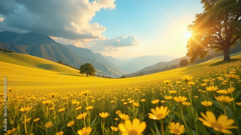Obraz premium A tranquil landscape featuring rolling hills and a vibrant field of yellow flowers.