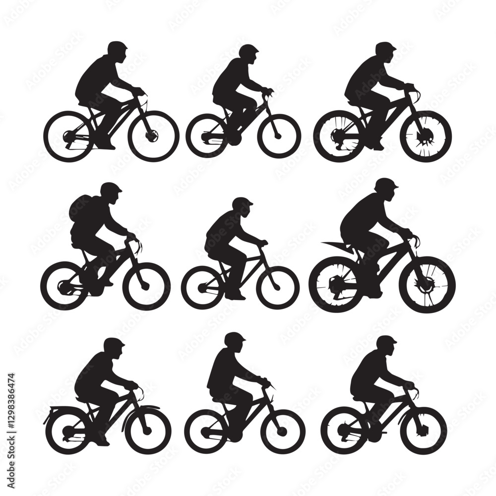Obraz premium silhouette 2d graphic of people riding motorcycle and bicycle cut out element set white background