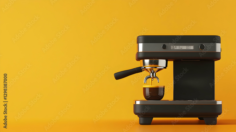 Digital Pixel Art Espresso Machine Brewing Coffee Against Yellow Background Digital Pixel Art Espresso Machine Brewing Coffee Against Yellow Background