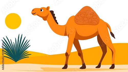Camel walking in desert with sun. Flat cartoon style suitable for kid's books or educational material