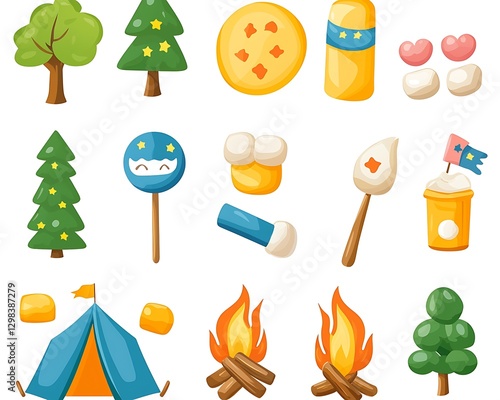 Camping icon set for web use with cartoon style trees and fire