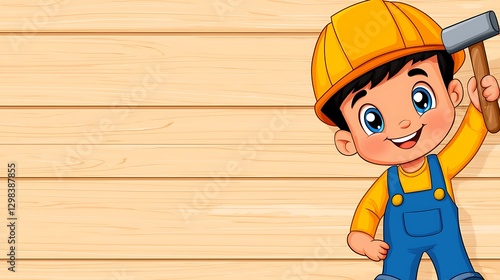 Cartoon boy hammering. Wood background. Useful for design elements in kid's learning or DIY projects