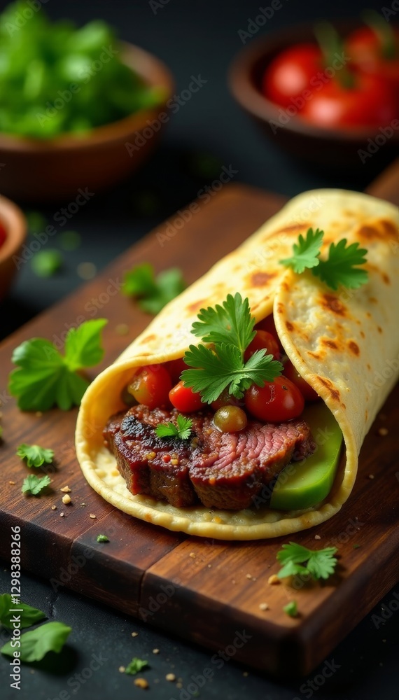 Rustic wood board, juicy steak burrito, fresh herbs, salsa , food styling, comfort food Rustic wood board, juicy steak burrito, fresh herbs, salsa , food styling, comfort food