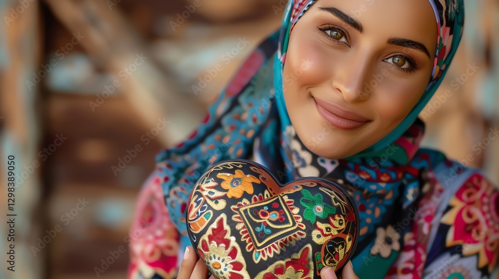 Fototapeta premium A woman with brown eyes and wearing a colorful hijab, smiles as she holds a heart-shaped box.