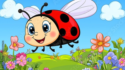 Cartoon ladybug flying over flower field with clouds for children's books/educational materials