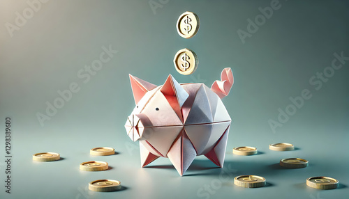 Origami piggy bank and money bag with stacked coins, financial savings and investment concept in folded paper style