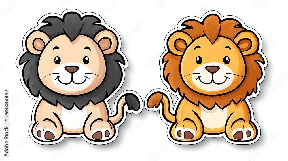 Fototapeta premium Cartoon lions sitting, friendly pose, white background, potentially for stickers or educational material