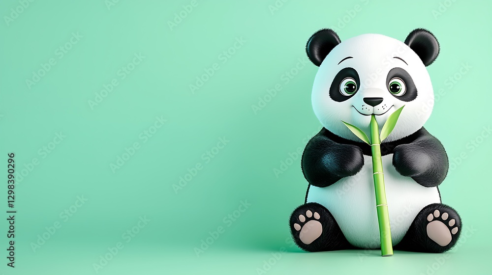Fototapeta premium Cartoon panda eating bamboo, mint green backdrop, studio, for children's book illustration