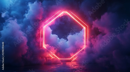 Wallpaper Mural 3D render of a colorful, glowing hexagon with a white cloud inside on a dark background, with smoke or fog in the shape of an octagonal frame Torontodigital.ca